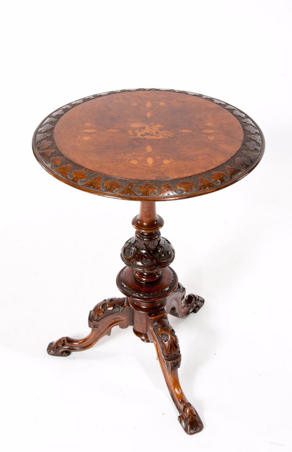 Quality Irish Victorian Inlaid Walnut Tripod Occasional Table