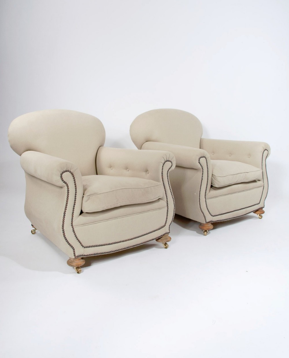 Pair of Victorian Linen Upholstered Club Armchairs 