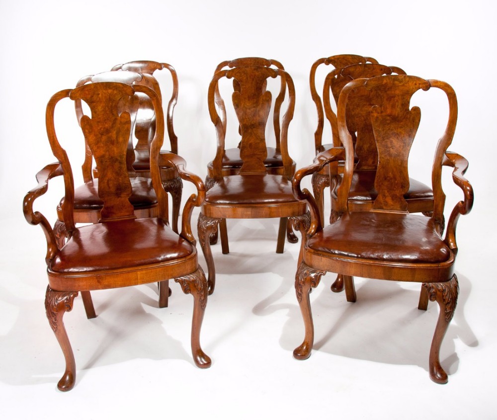 Fine Set of 8 Burr Walnut QA Dining Chairs