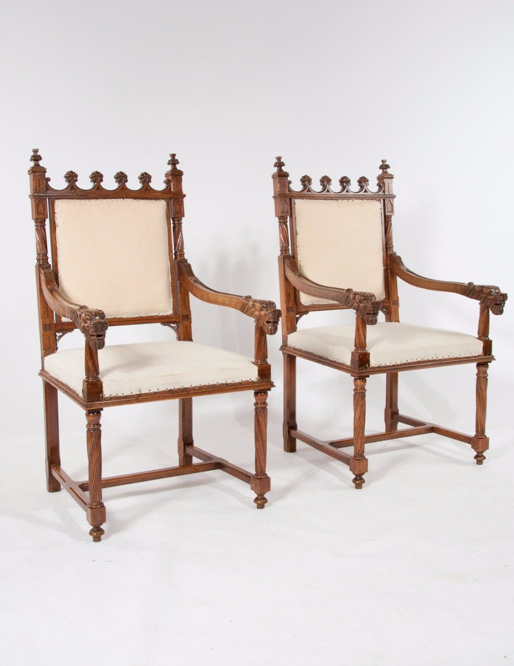 Fine Pair of Antique Walnut Gothic Armchairs 