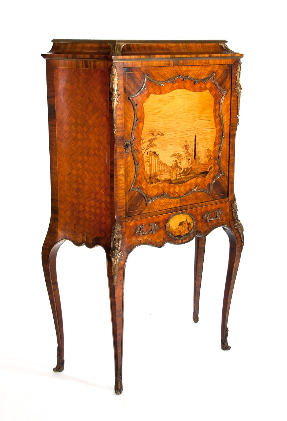 Extremely Fine Shaped 19th C French Marble Topped Marquetry Cabinet 