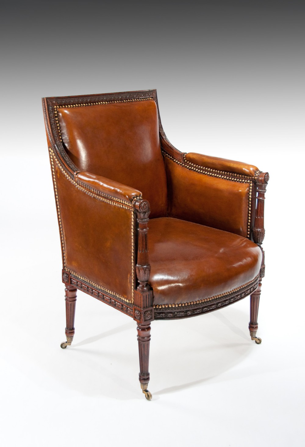 Fine Quality Antique Carved Mahogany Leather Armchair