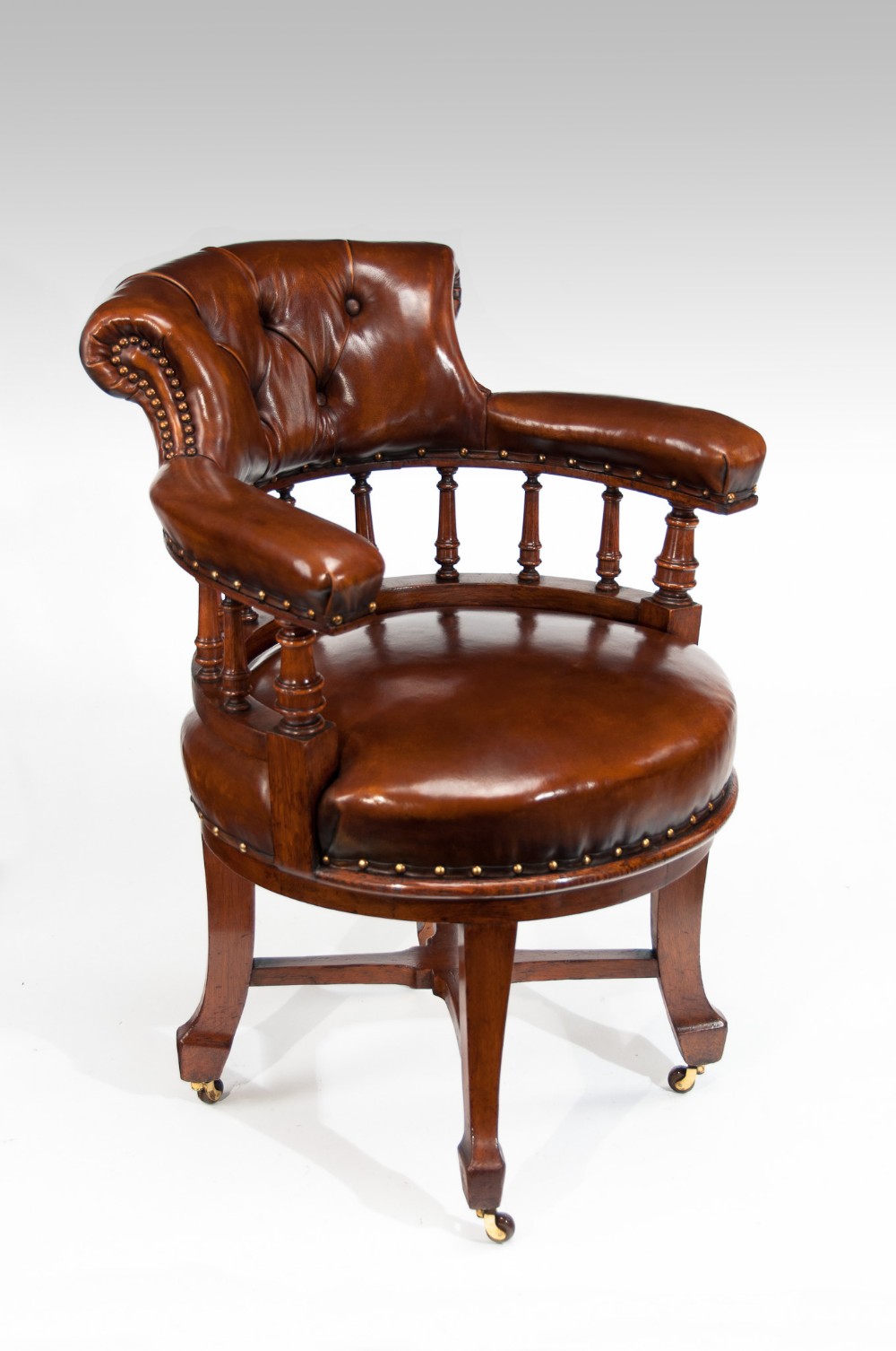 S&H Jewell Victorian Oak and Leather Revolving Desk Chair 