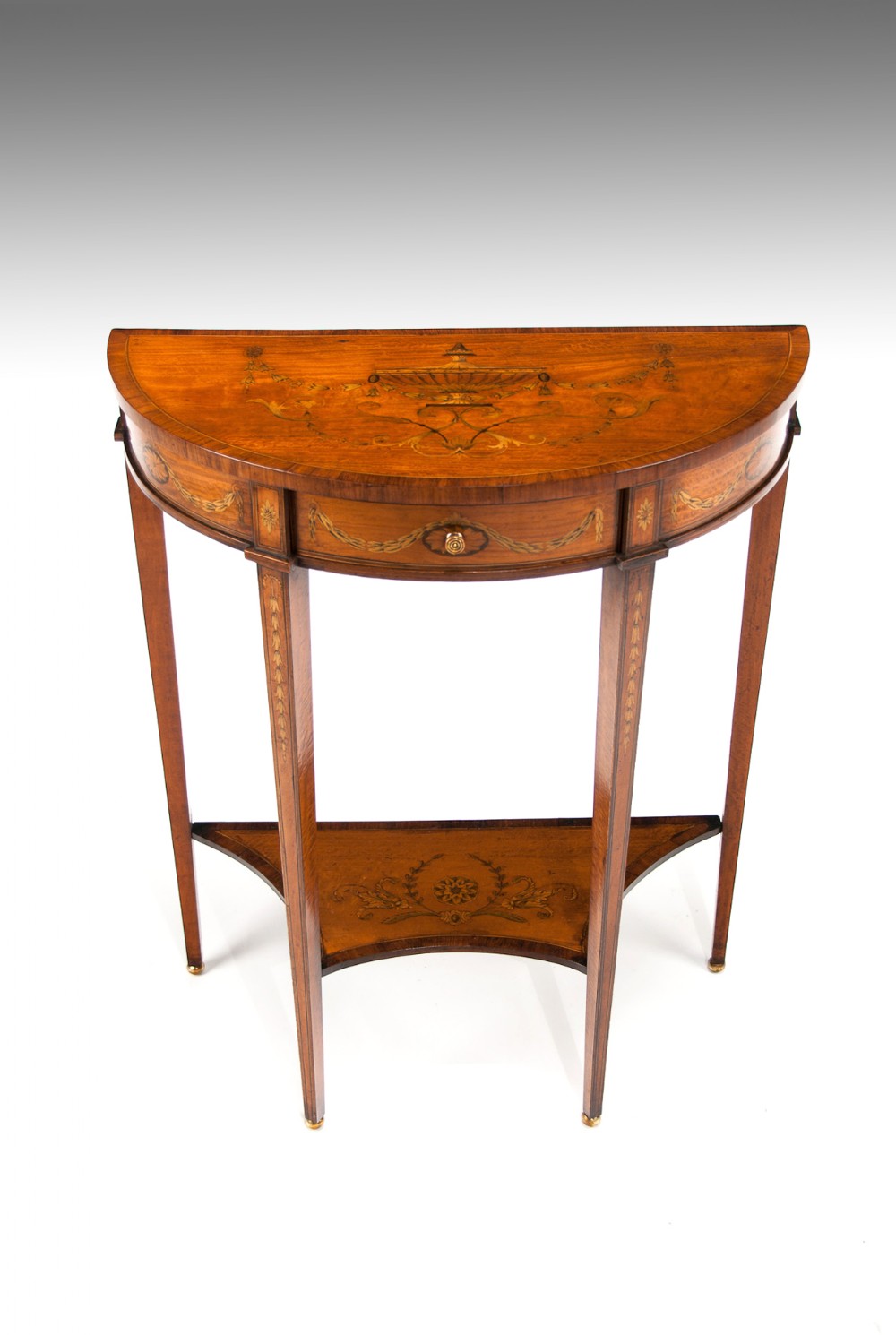 Extremely Fine Marquetry Satinwood Demi Lune Console Table by  Hampton & Sons of Pall Mall London.