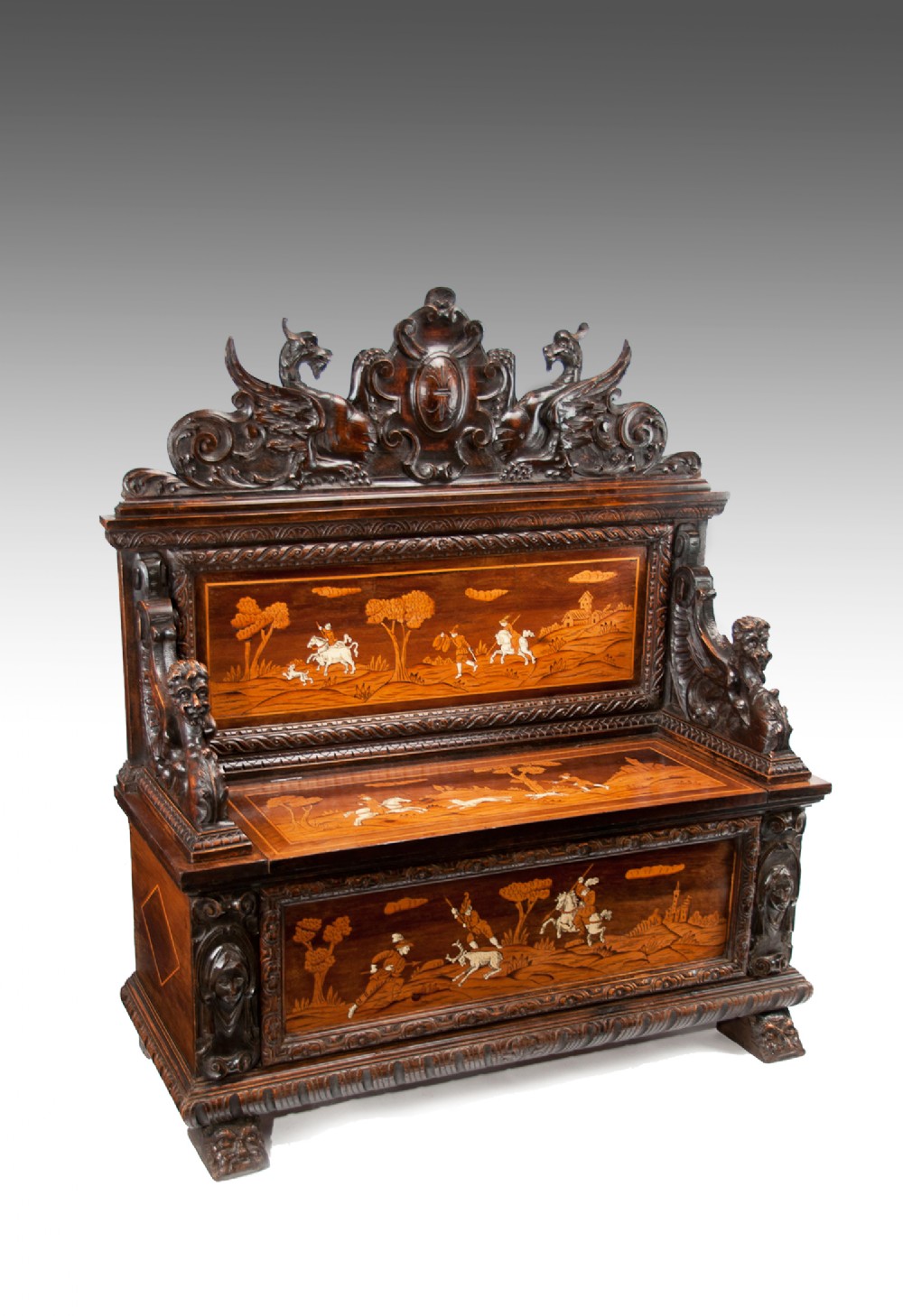 Fine 19th Century Northern Italian Marquetry Cassapanca or Hall Bench 