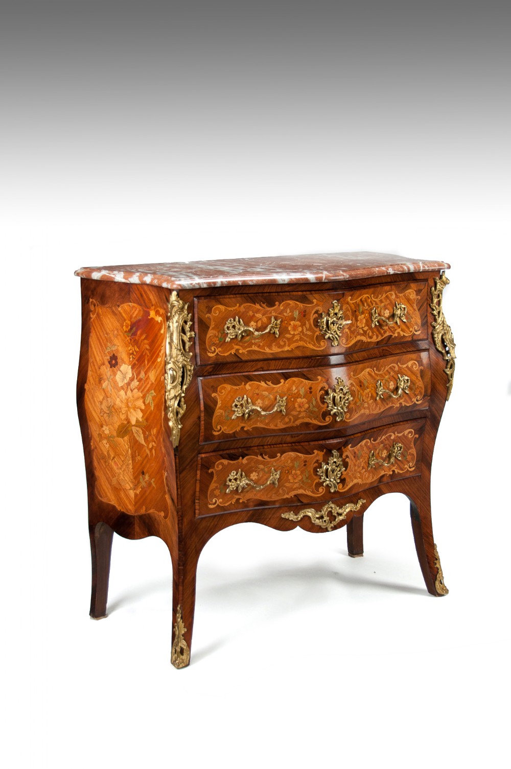 Fine French Louis XV Style Inlaid Bombe Marble Topped Commode