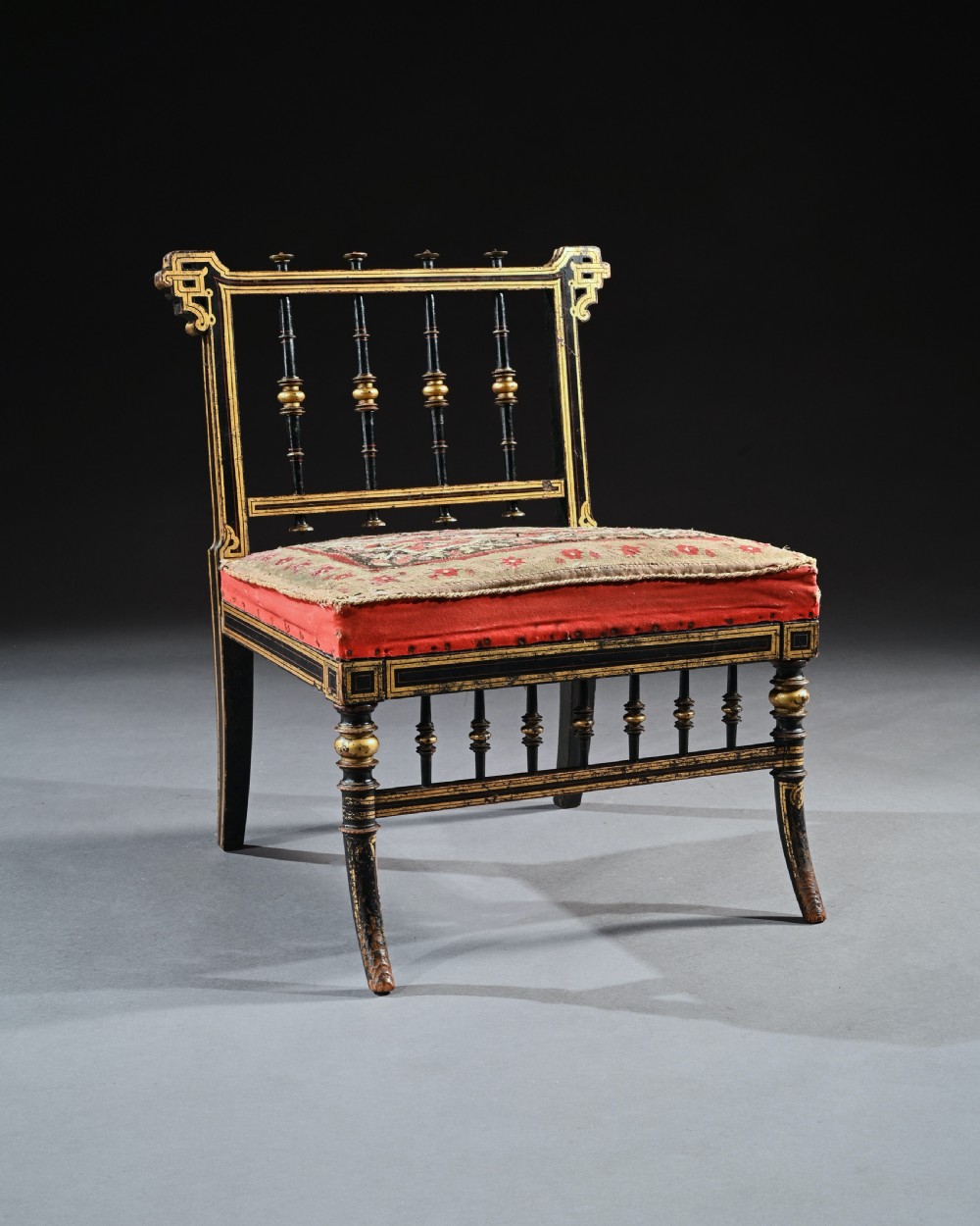 Superb Aesthetic Movement Ebonised Slipper Chair With Original Needle Work Upholstery