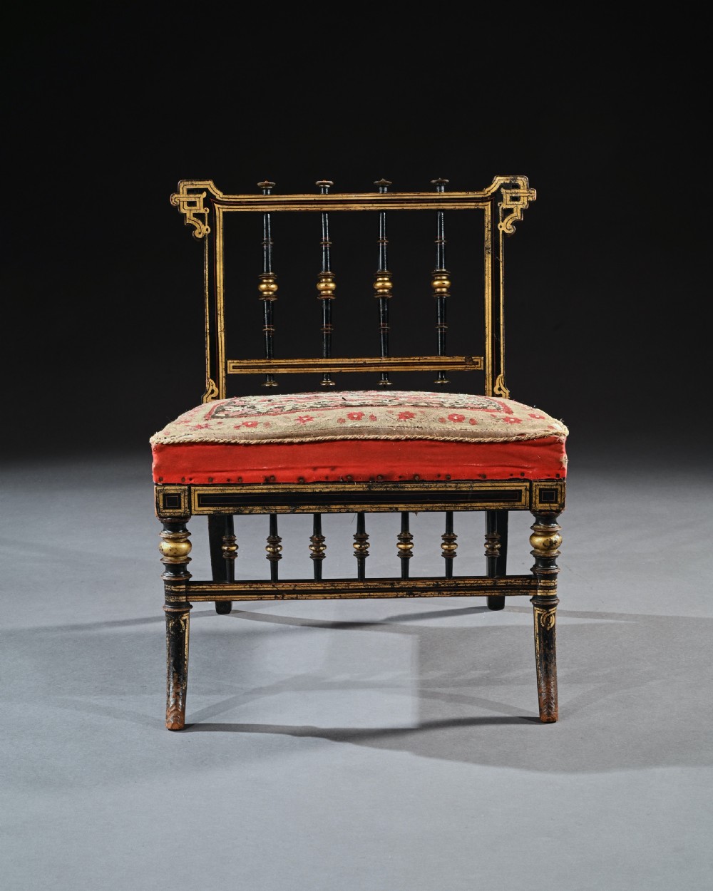 Superb Aesthetic Movement Ebonised Slipper Chair With Original Needle Work Upholstery View II