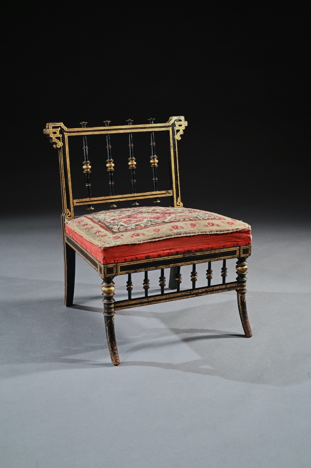 Superb Aesthetic Movement Ebonised Slipper Chair With Original Needle Work Upholstery View III