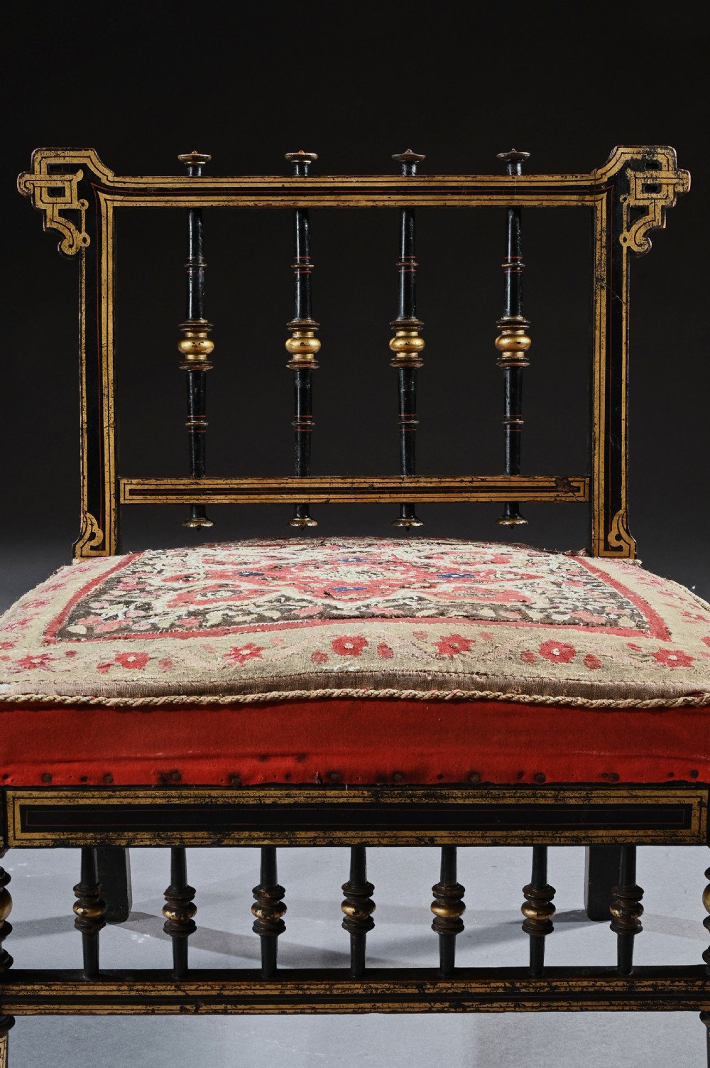 Superb Aesthetic Movement Ebonised Slipper Chair With Original Needle Work Upholstery View VI