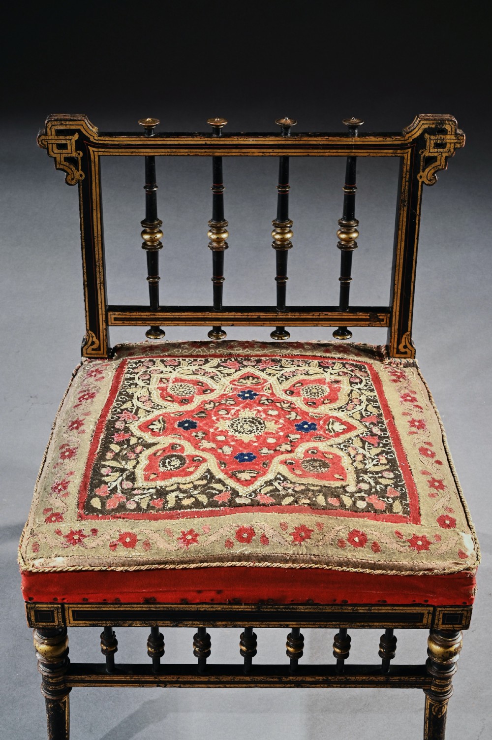 Superb Aesthetic Movement Ebonised Slipper Chair With Original Needle Work Upholstery View VII