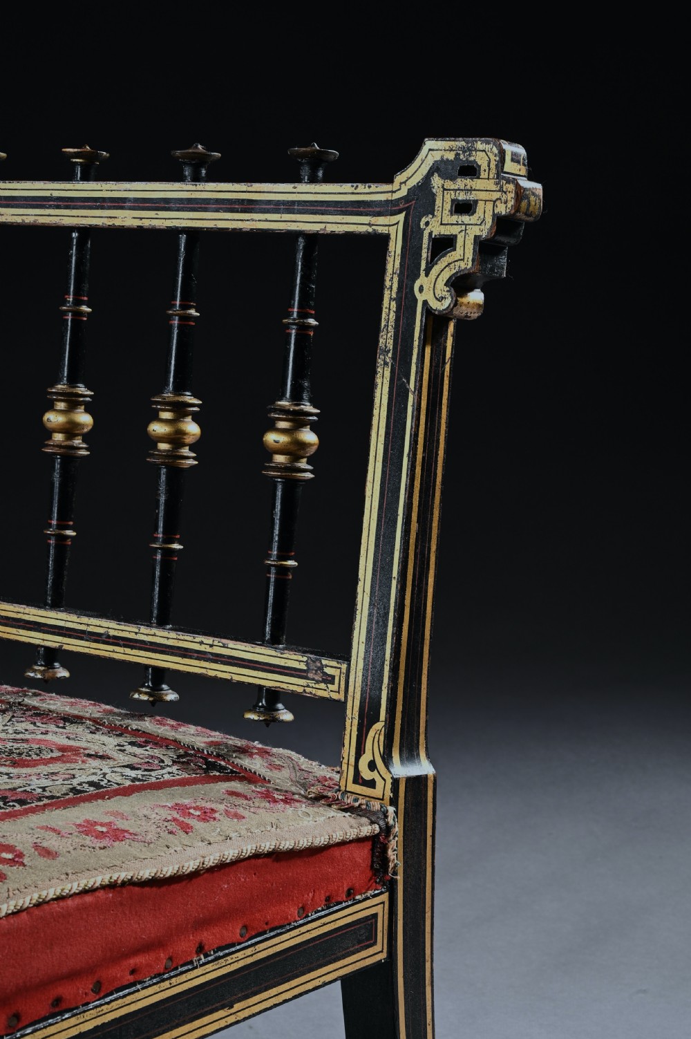 Superb Aesthetic Movement Ebonised Slipper Chair With Original Needle Work Upholstery View IX