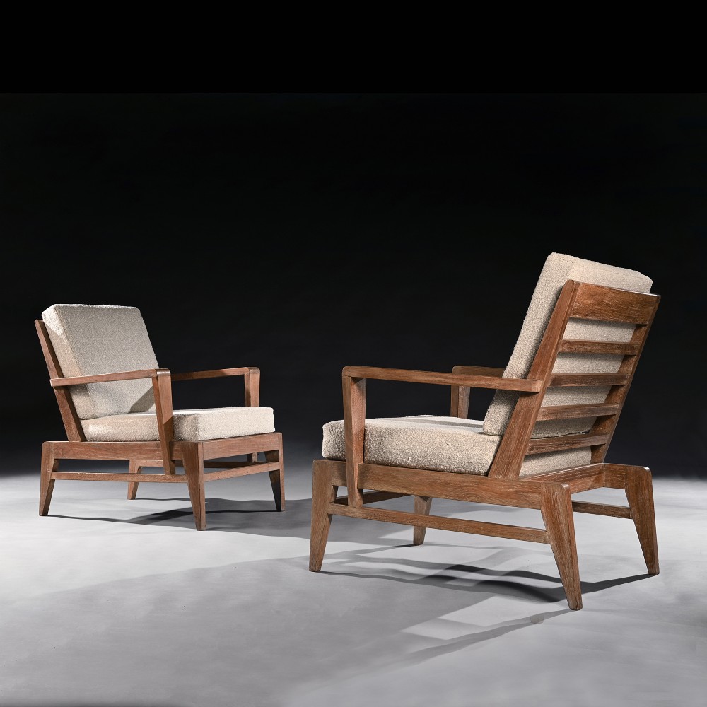 Iconic Pair of Rene Gabriel Art Deco Oak Lounge Chairs