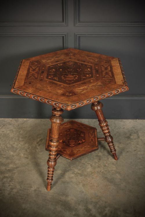 WALNUT MARQUETRY INLAID HEXAGONAL OCCASIONAL TABLE - ADDITIONAL PHOTO 2