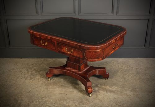 RARE BRASS INLAID ROSEWOOD LEATHER LIBRARY TABLE - ADDITIONAL PHOTO 5