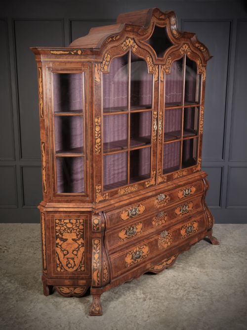 LARGE MARQUETRY INLAID WALNUT BOMBE SHAPED CABINET