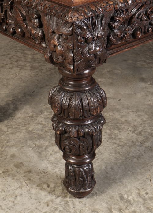 LARGE IMPRESSIVE CARVED OAK WRITING TABLE - ADDITIONAL PHOTO 5