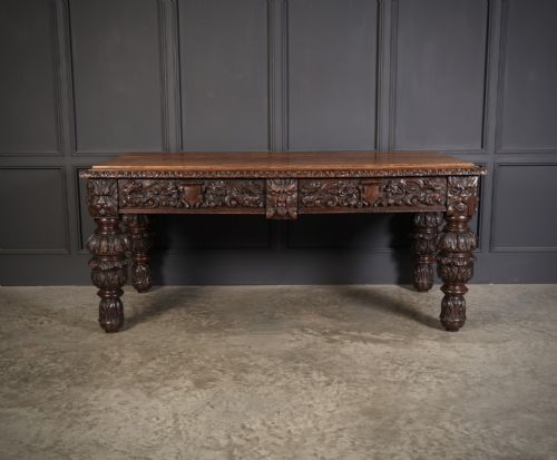 LARGE IMPRESSIVE CARVED OAK WRITING TABLE - ADDITIONAL PHOTO 4