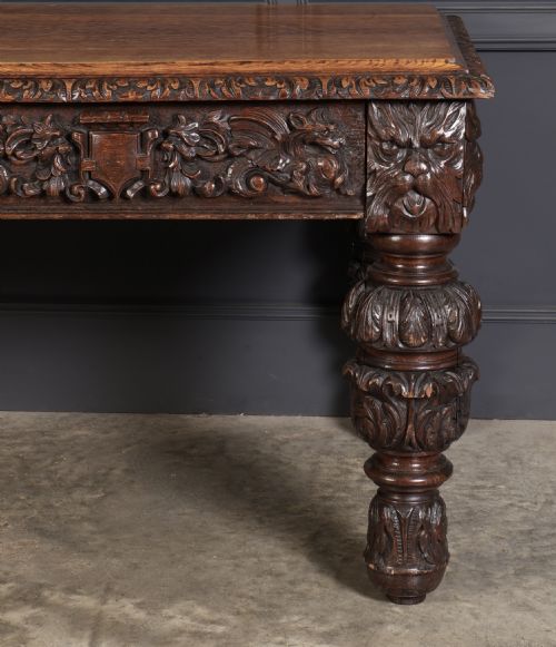 LARGE IMPRESSIVE CARVED OAK WRITING TABLE - ADDITIONAL PHOTO 6