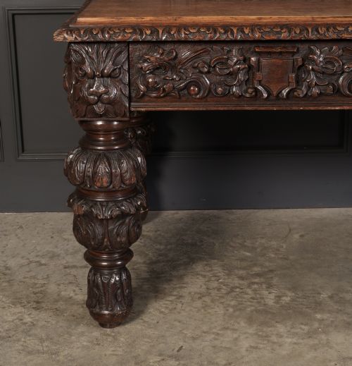 LARGE IMPRESSIVE CARVED OAK WRITING TABLE - ADDITIONAL PHOTO 7