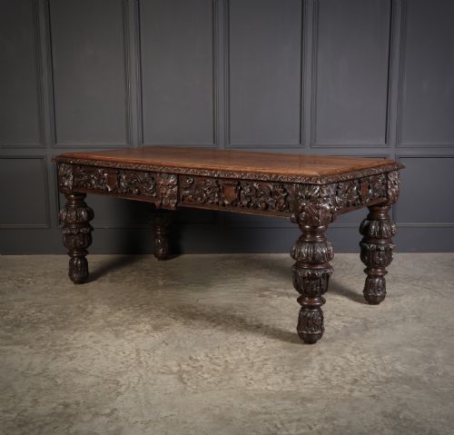 LARGE IMPRESSIVE CARVED OAK WRITING TABLE - ADDITIONAL PHOTO 9