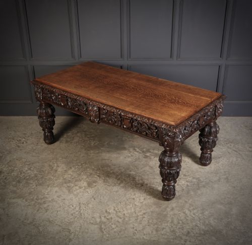 LARGE IMPRESSIVE CARVED OAK WRITING TABLE - ADDITIONAL PHOTO 10