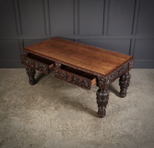 LARGE IMPRESSIVE CARVED OAK WRITING TABLE - ADDITIONAL PHOTO 11