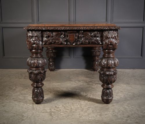 LARGE IMPRESSIVE CARVED OAK WRITING TABLE - ADDITIONAL PHOTO 12