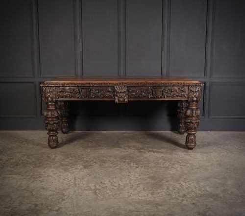 LARGE IMPRESSIVE CARVED OAK WRITING TABLE - ADDITIONAL PHOTO 13