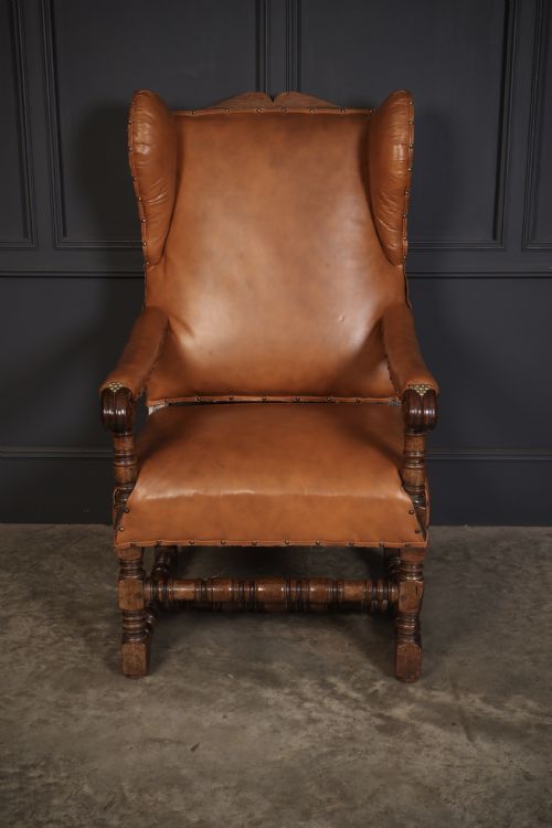 19TH CENTURY OAK LEATHER WINGBACK ARMCHAIR - ADDITIONAL PHOTO 1