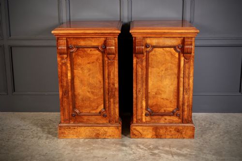 LARGE PAIR OF ENGLISH FIGURED WALNUT PEDESTAL CABINETS