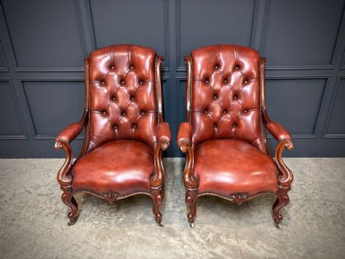 PAIR OF VICTORIAN BUTTONED LEATHER LIBRARY CHAIRS - ADDITIONAL PHOTO 3
