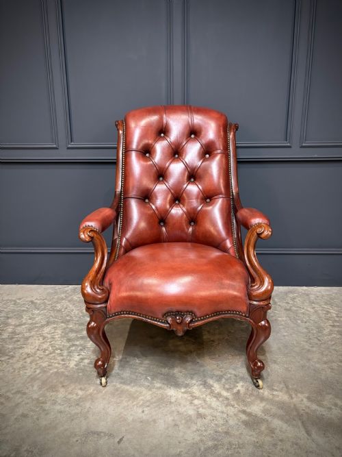 PAIR OF VICTORIAN BUTTONED LEATHER LIBRARY CHAIRS - ADDITIONAL PHOTO 7