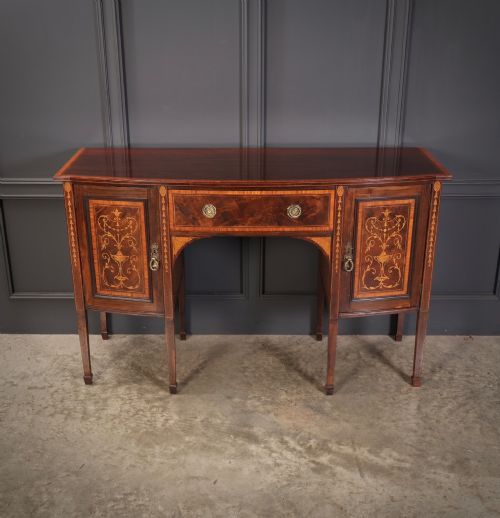 MARQUETRY INLAID MAHOGANY BOW FRONT SIDEBOARD