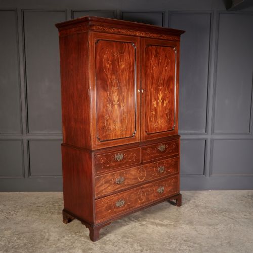 GEORGIAN MARQUETRY INLAID MAHOGANY LINEN PRESS - ADDITIONAL PHOTO 3