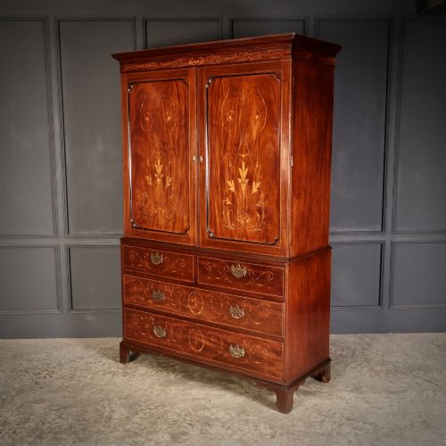 GEORGIAN MARQUETRY INLAID MAHOGANY LINEN PRESS