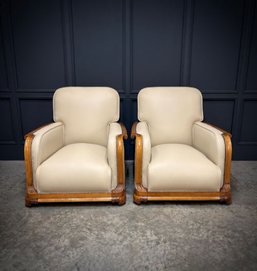 fig 1. Pair Of Art Deco Walnut & Leather Armchairs