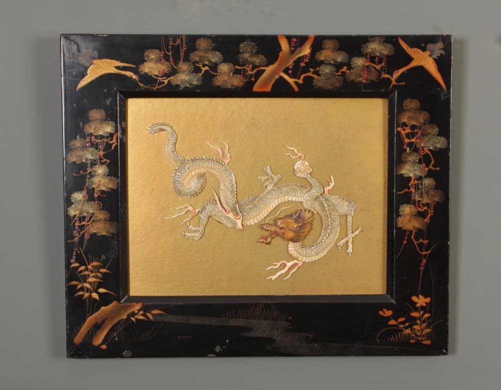 Oriental Bone Dragon In Chinoiserie Lacquered Frame
