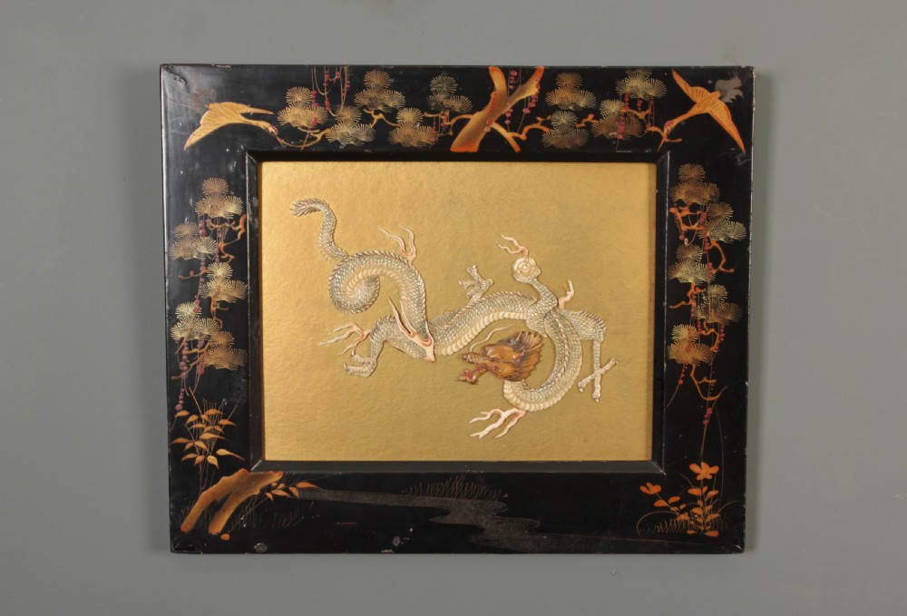 Oriental Bone Dragon In Chinoiserie Lacquered Frame View III