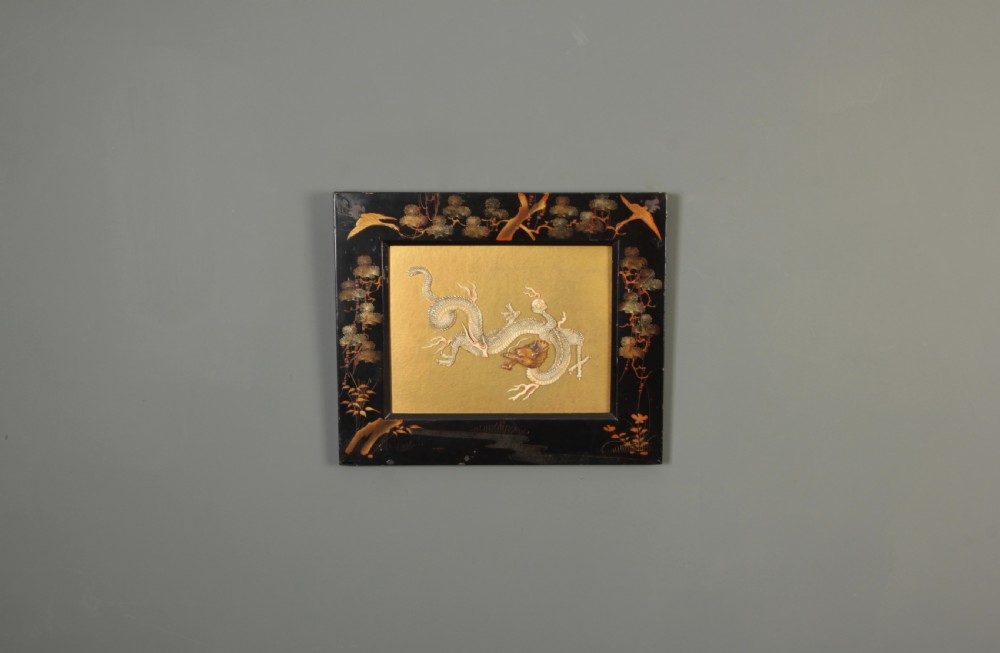 Oriental Bone Dragon In Chinoiserie Lacquered Frame View V