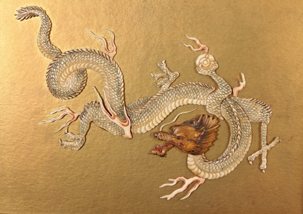 Oriental Bone Dragon In Chinoiserie Lacquered Frame View VI
