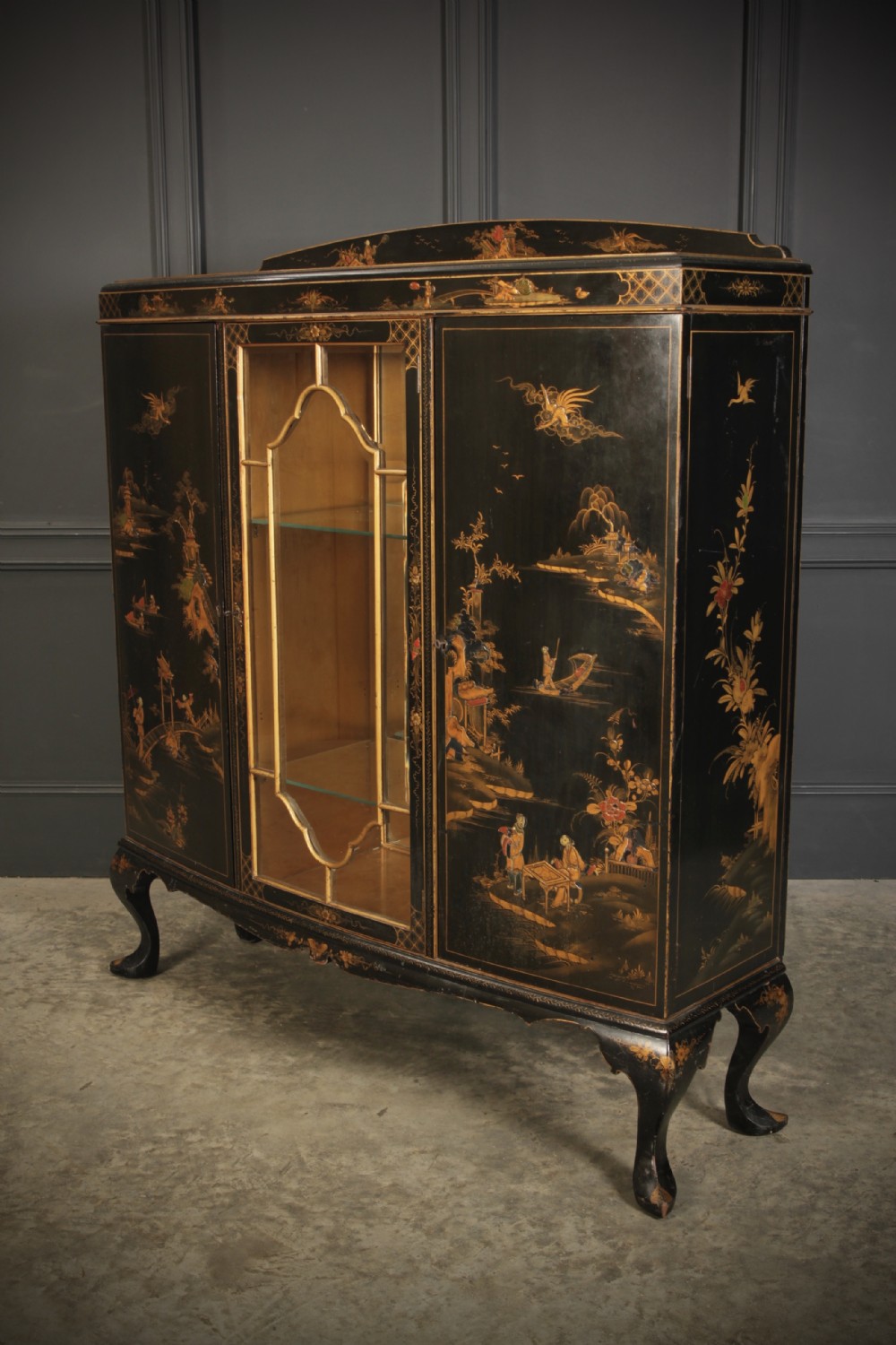 Black Japanned Chinoiserie Bow Front Display Cabinet