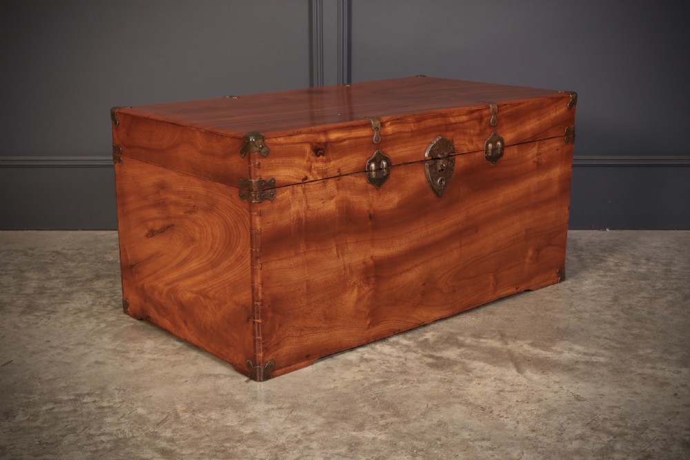 An antique warm amber brown camphor wood trunk featuring protective brass corner mounts, side handles, and a brass escutcheon.