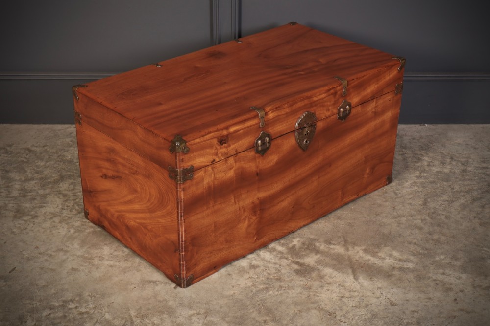 An antique warm amber brown camphor wood trunk featuring protective brass corner mounts, side handles, and a brass escutcheon. View II