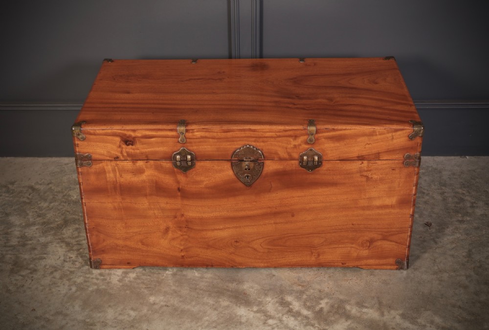 An antique warm amber brown camphor wood trunk featuring protective brass corner mounts, side handles, and a brass escutcheon. View III