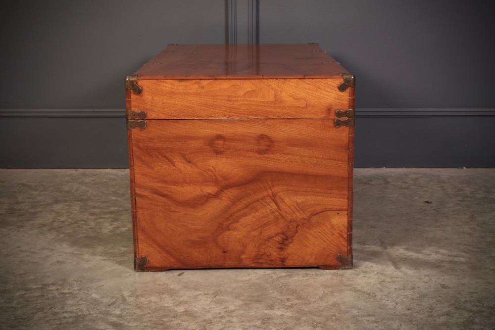 An antique warm amber brown camphor wood trunk featuring protective brass corner mounts, side handles, and a brass escutcheon. View IX