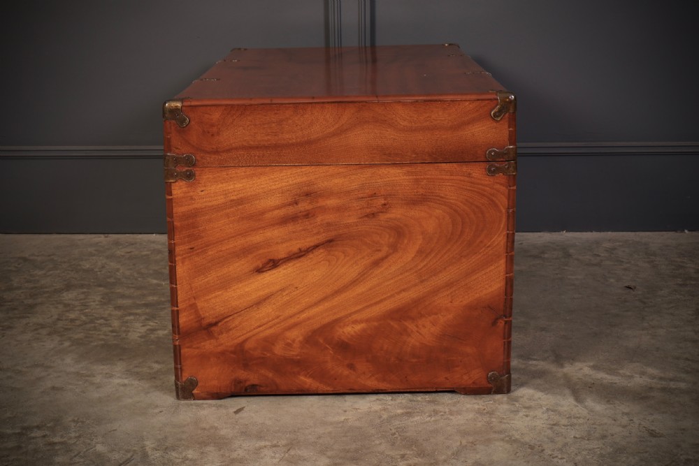 An antique warm amber brown camphor wood trunk featuring protective brass corner mounts, side handles, and a brass escutcheon. View XI