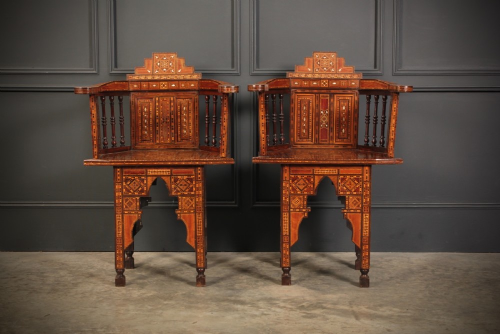 A pair of Syrian Moorish wooden armchairs featuring geometric bone and mother-of-pearl marquetry inlay and turned spindles. View III
