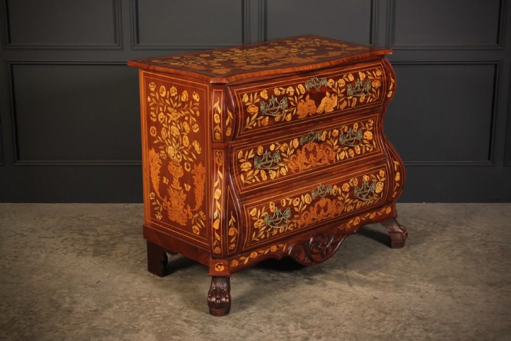 Dutch Marquetry Inlaid Walnut Bombe Shaped Chest