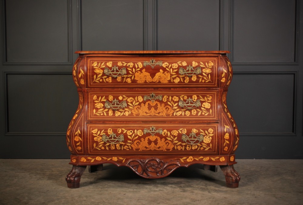 Dutch Marquetry Inlaid Walnut Bombe Shaped Chest View V